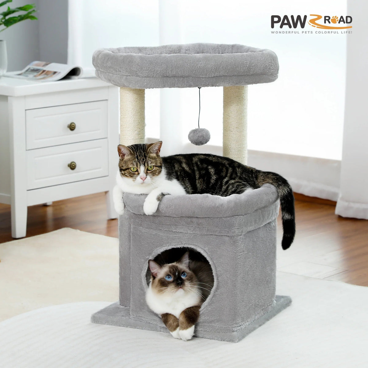Cozy Gray Cat Tree Condo Tower with Spacious Perch and Scratching Posts