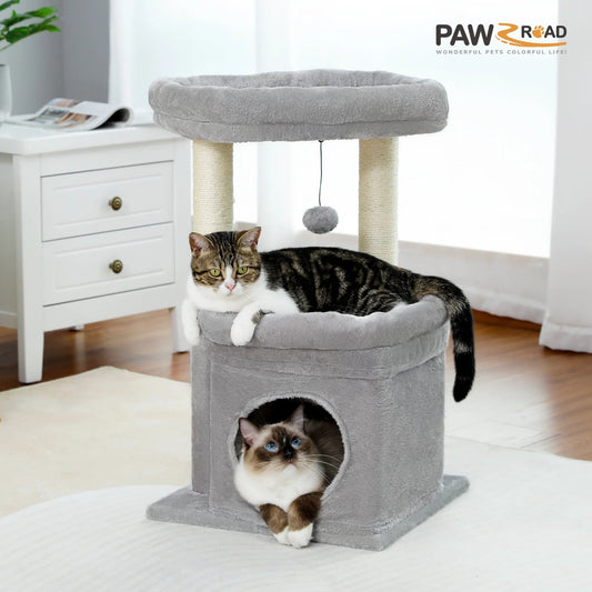Cozy Gray Cat Tree Condo Tower with Spacious Perch and Scratching Posts