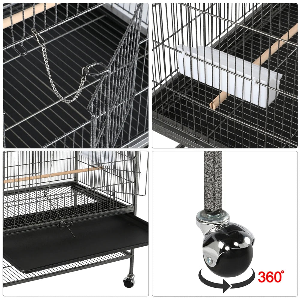 52''H Metal Rolling Bird Cage with 3 Perches & 4 Feeders & Extra Storage Shelf, Black
