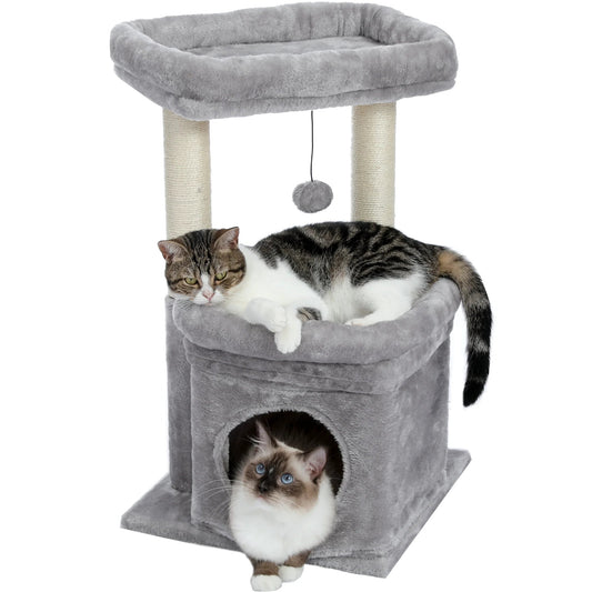 Cozy Gray Cat Tree Condo Tower with Spacious Perch and Scratching Posts
