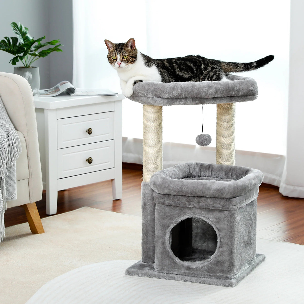 Cozy Gray Cat Tree Condo Tower with Spacious Perch and Scratching Posts